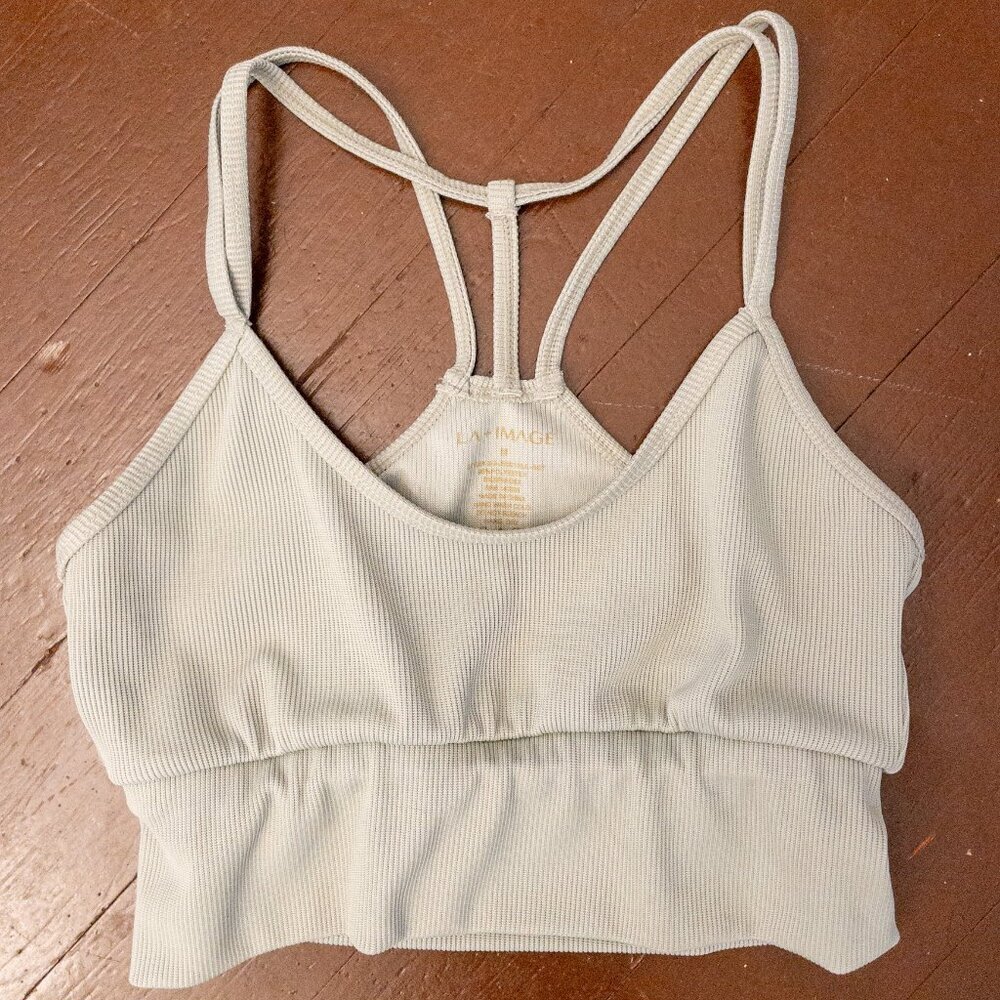 LA + IMAGE Sage Green Ribbed Sports Bra Crop Top – Size Medium | Strappy Back